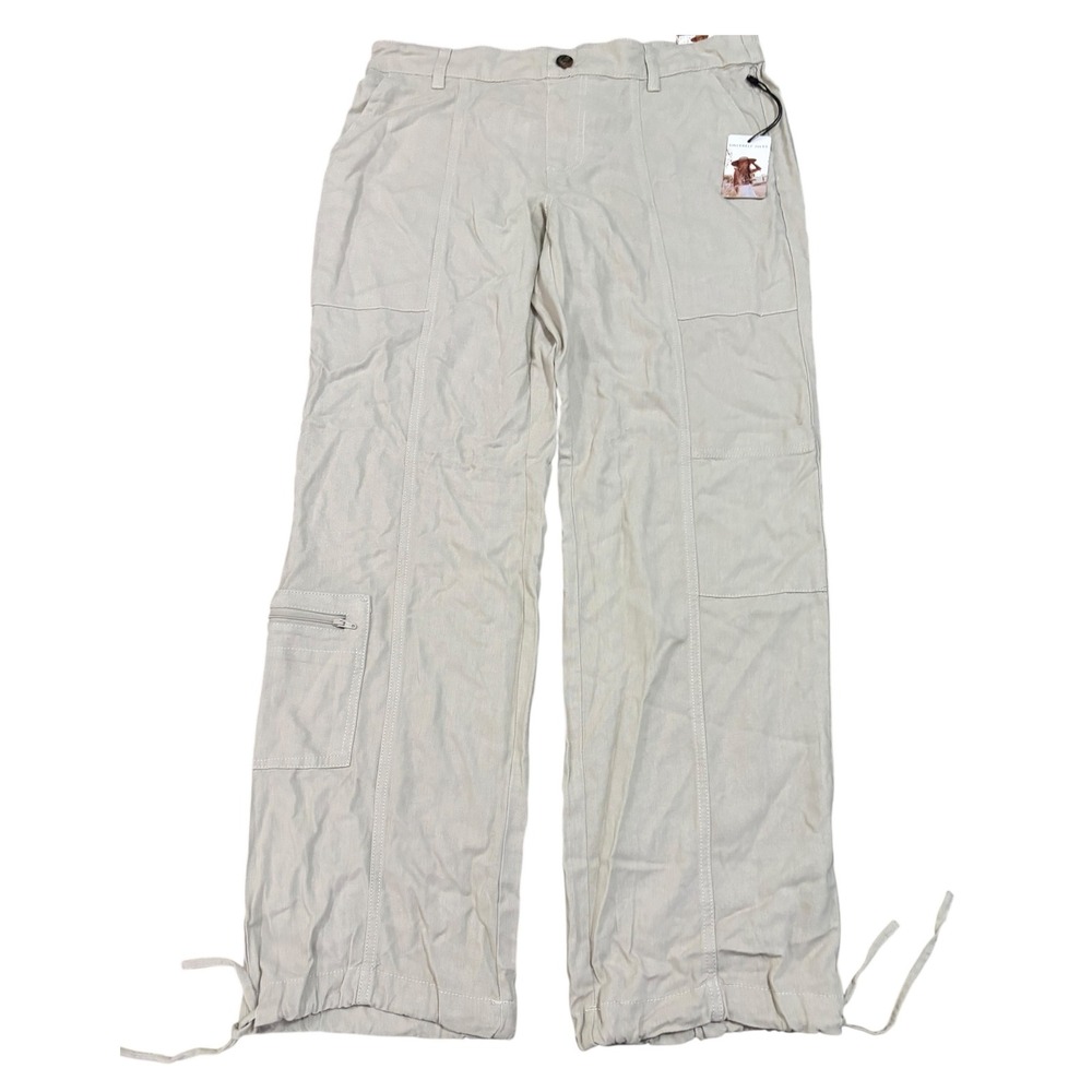 Sincerely Jules Women's Beige Linen Blend Cargo Pants Drawstring Hem Medium NWT‎